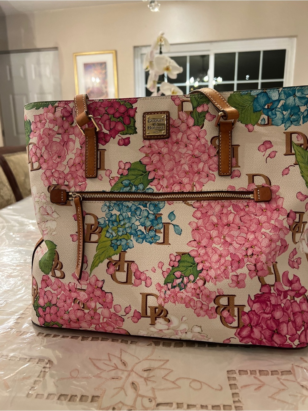 Dooney & Bourke Hydrangea Floral Tote | Pink Blue DB Logo Spring Garden Bag - Picture 9 of 11